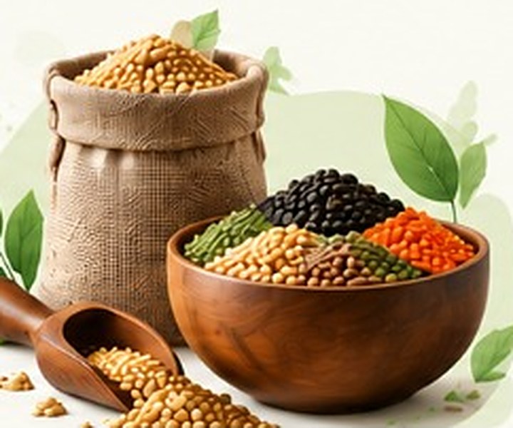 Assorted grains, pulses and spices in wooden bowls and a jute sack