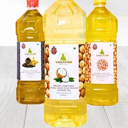 Valluvam cold-pressed oils packed in clean bottles